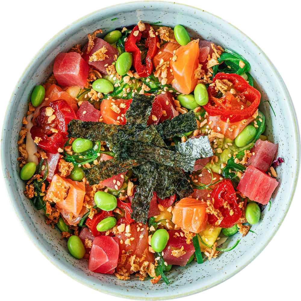 The All Out poke bowl with tuna, salmon, edamame and nori