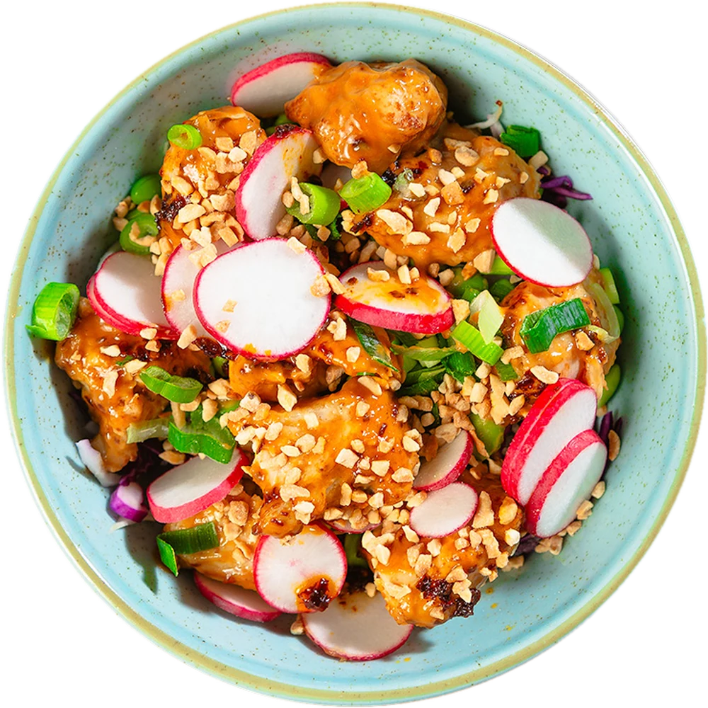 Ginger peanut chicken bowl with radish and peanuts