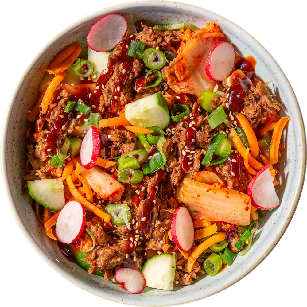 Gochujang shiitake bowl with kimchi and radish