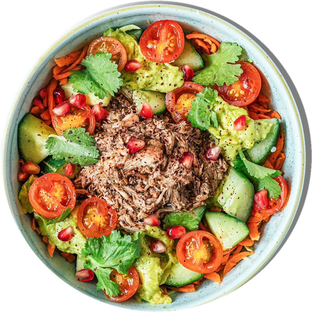 Chicken shawarma bowl with tomato, cucumber and pomegranate